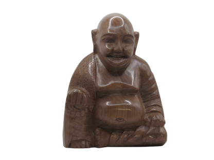 Handcarved wooden smiling buddha monk figurine