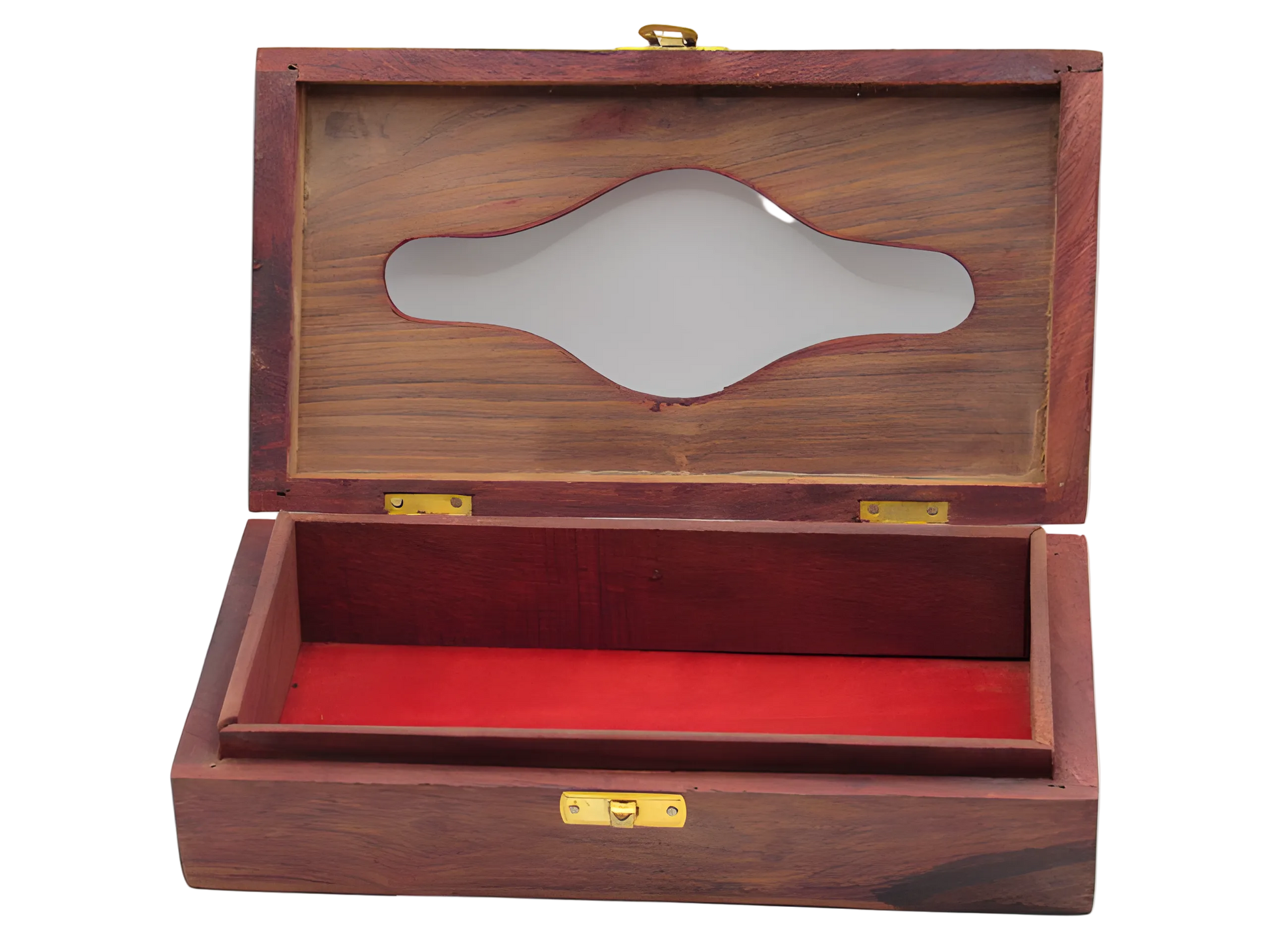 Handcrafted wooden tissue box with floral carving and velvet base