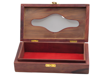 Handcrafted wooden tissue box with floral carving and velvet base