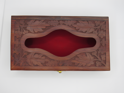 Premium Kashmiri Walnut Wood box with floral carvings and red interior on a white background