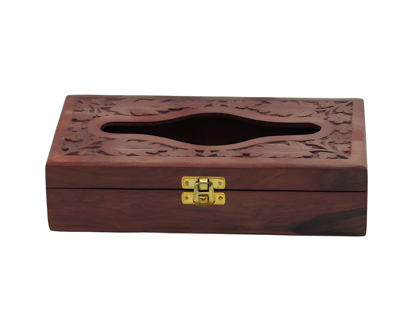 Premium Kashmiri Walnut Wood box with intricate carvings and a gold latch on a white background