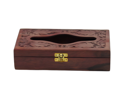 Premium Kashmiri Walnut Wood box with intricate carvings and a gold latch on a white background