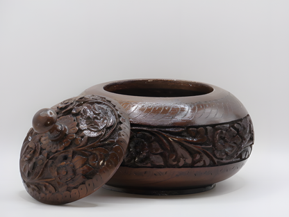 Premium Kashmiri Walnut Wood Decorative brown ceramic pot with lid