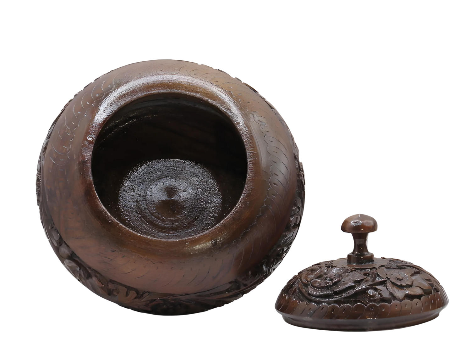 Handcrafted wooden snack tiffin with floral carving