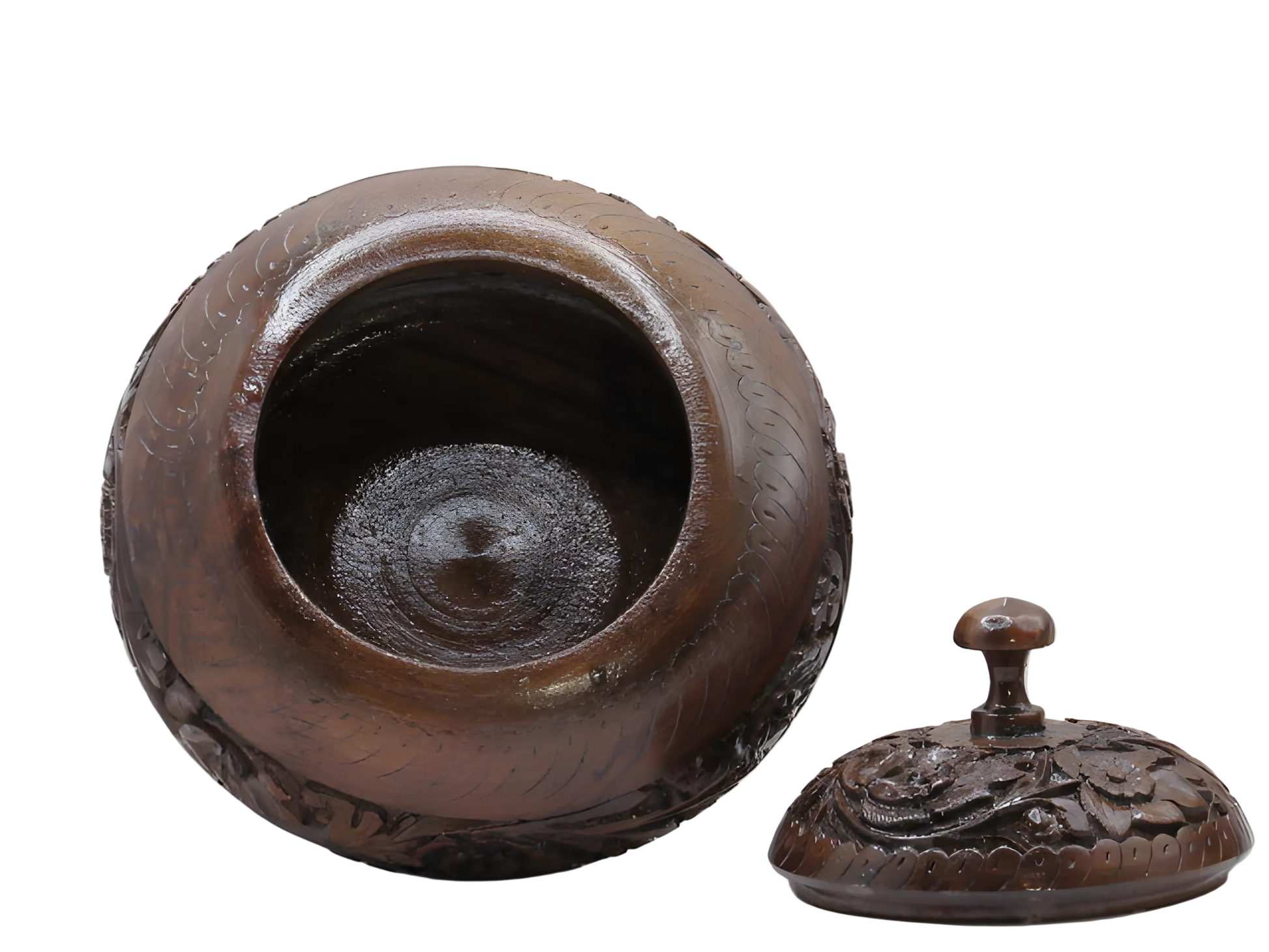 Handcrafted wooden snack tiffin with floral carving