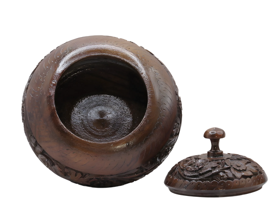 Handcrafted wooden snack tiffin with floral carving