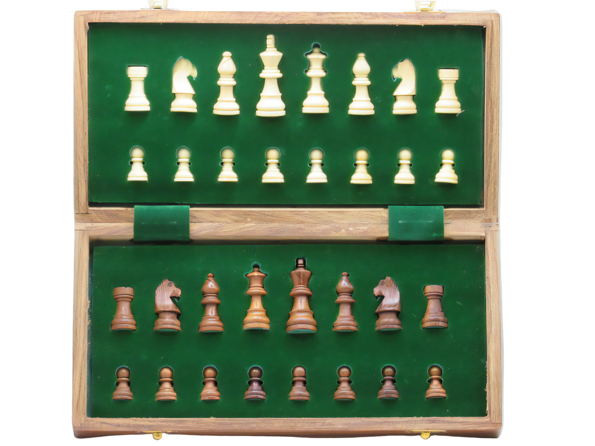 Wooden chess set with green felt board on a white background