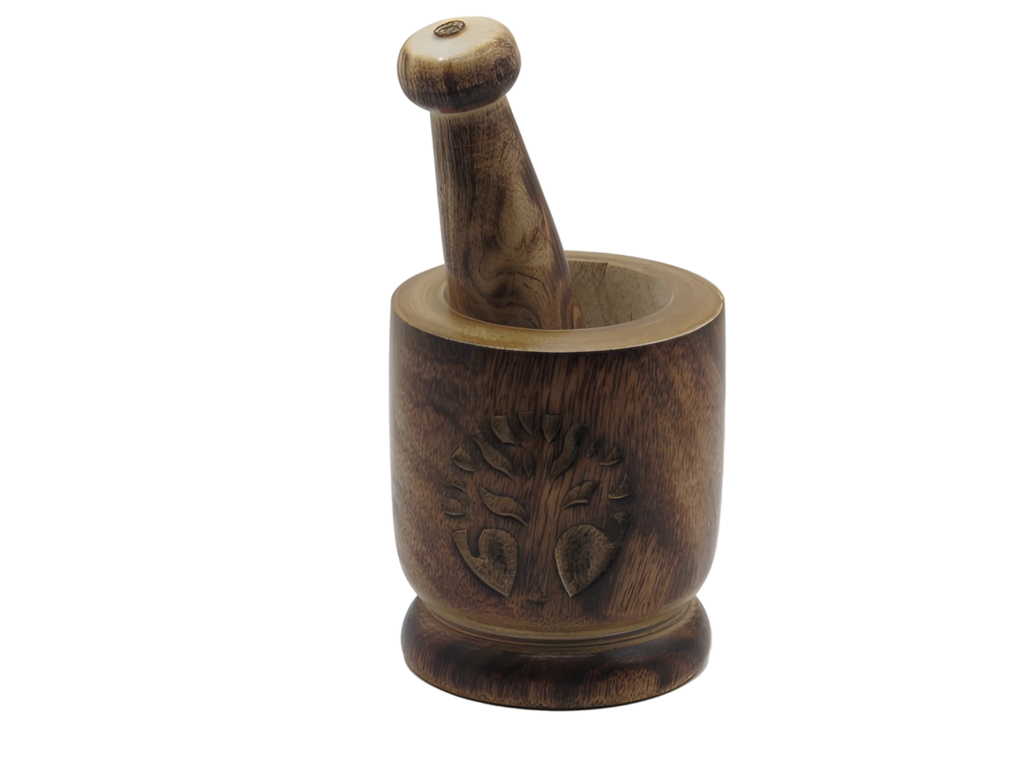 Handcrafted wooden mortar pestle with chinar leaf motif