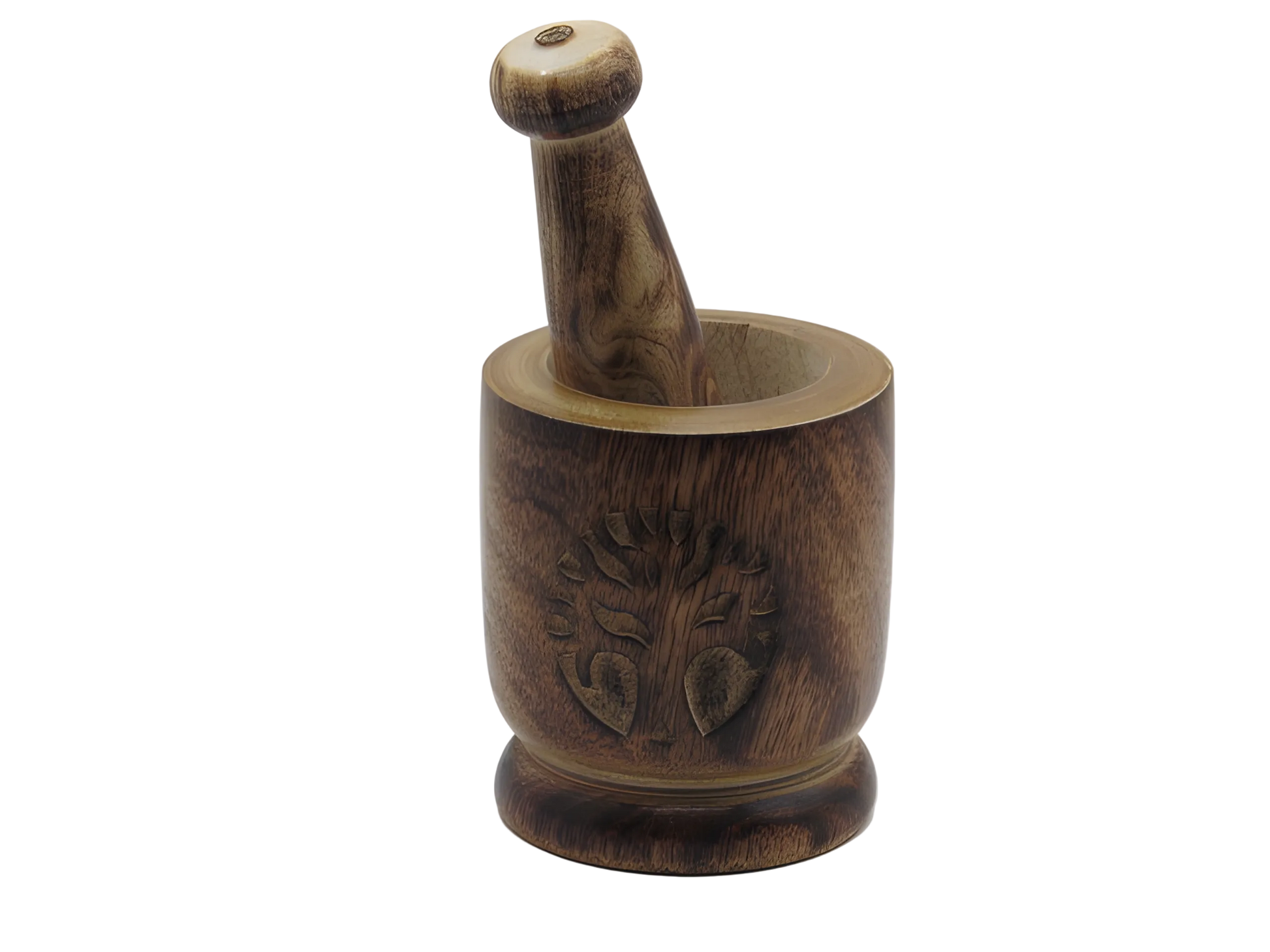 Handcrafted wooden mortar pestle with chinar leaf motif