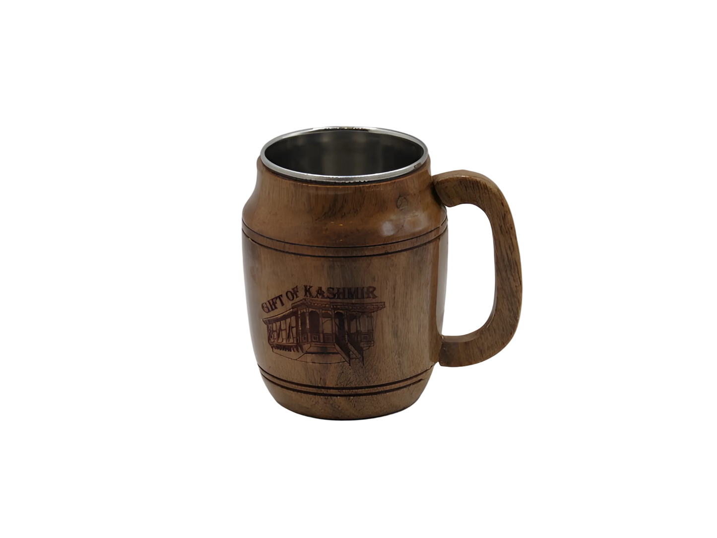 Steel mug with Kashmiri houseboat engraving and wooden handle