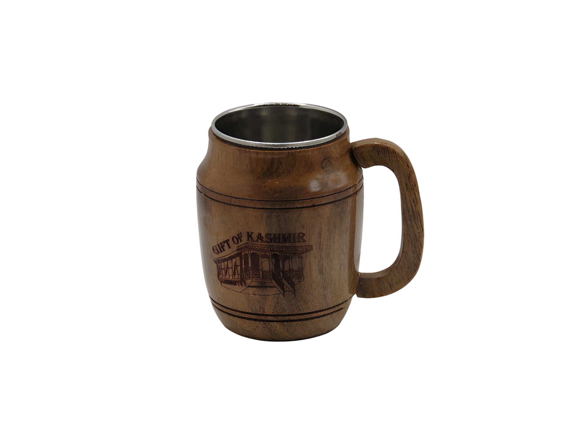 Steel mug with Kashmiri houseboat engraving and wooden handle