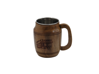 Steel mug with Kashmiri houseboat engraving and wooden handle