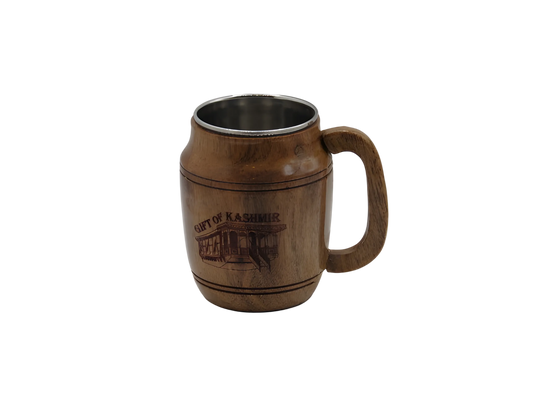 Steel mug with Kashmiri houseboat engraving and wooden handle