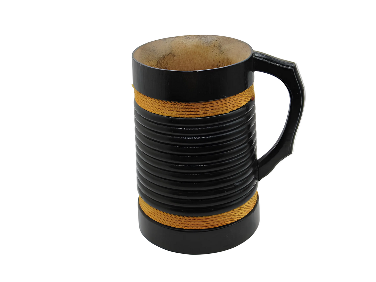 Black mug with yellow stripes on a white background