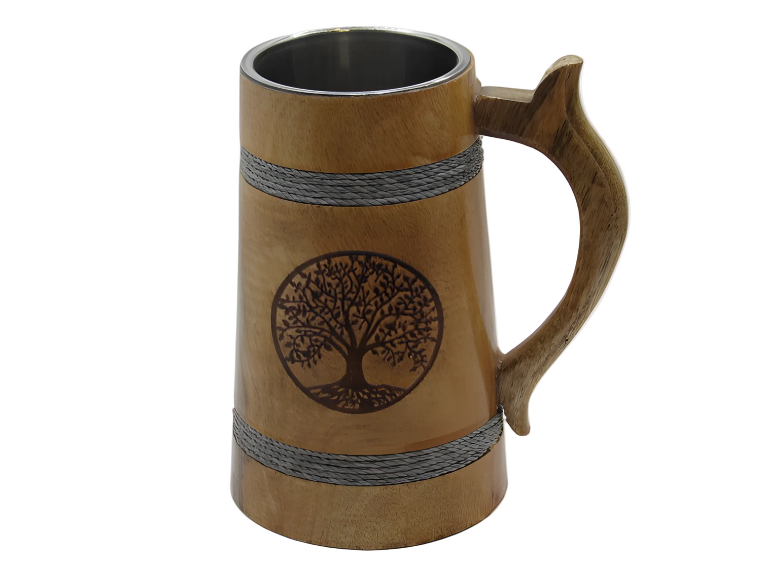 Handcrafted wooden beer tankard with tree of life carving